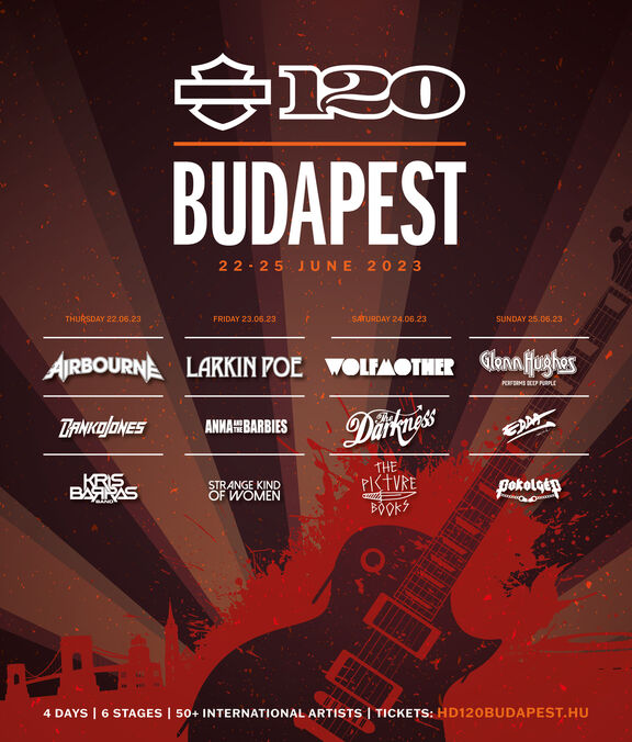 Plakat der Harley-Davidson 120-Jahr-Feier in Budapest mit Lineup der Bands
